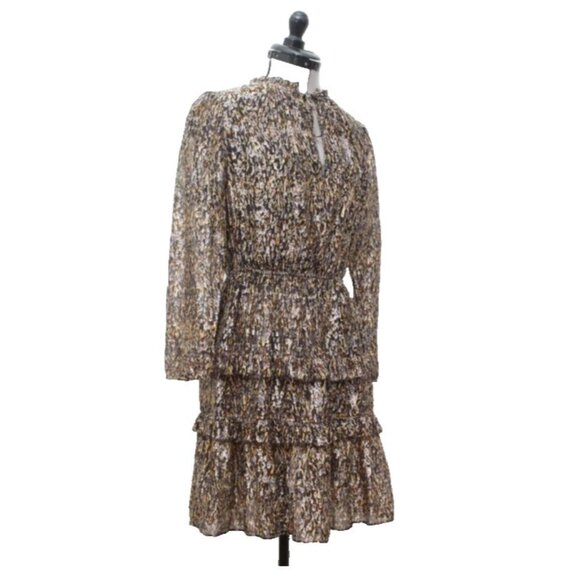 ba&sh Paris Mini Dress Sze2 Medium Printed Long Sleeve Ruffle Tiered V Neck Kaki - Picture 6 of 16